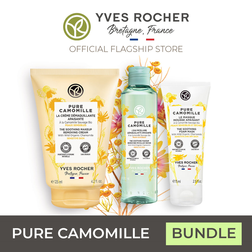 Yves Rocher Pure Camomille Soothing Micellar Water, Foam Mask, and Makeup Removing Cream Bundle